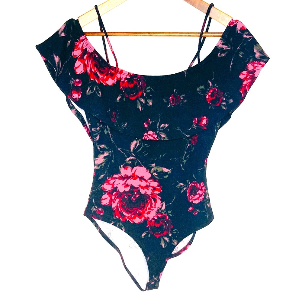 CHARLOTTE RUSSE Floral Off The Shoulder Bodysuit Black/Pink Women Sz M Medium
